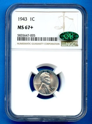 1943 P NGC MS67+ Lincoln Steel Cent 1c US Mint Wheat Penny 1943-P MS-67 Plus CAC - Image 1 of 3