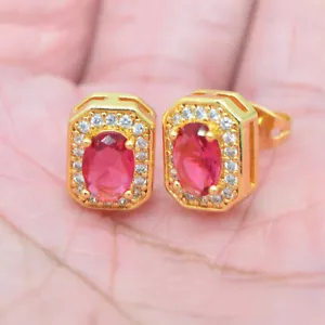 18K Yellow Gold Filled Women Oval Rose Red Topaz Cushion Stud Earrings Jewelry - Picture 1 of 14