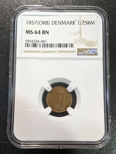 1857 O (ORB) MS64 BN Denmark 1/2 Skilling Rigsmount KM 767 NGC UNC 1 Year Type - Picture 1 of 3