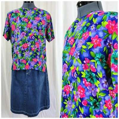 Vintage Liz Claiborne Purple & Pink Floral S/S Silk Blouse Size 8P - Image 1 of 4
