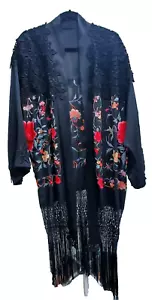 Embroidered Fringed Lace Kimono Piano Style Cover Up Jacket Heavy Black Silk - Picture 1 of 8