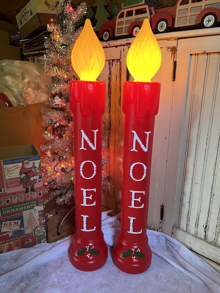 Blow Mold Noel Nostalgic Christmas Candles Union 39” Pair Yellow Flame Tops New - Image 1 of 4