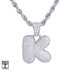 K Initial Silver Plated Custom Bubble Letter Iced CZ Pendant 24" Chain Necklace - Picture 1 of 4