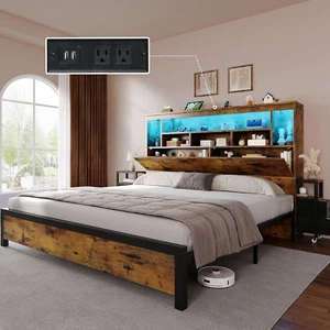 Queen Size Bed Frame with Storage Bookcase Headboard & RGB LED Lights, Slide Out - Picture 1 of 8