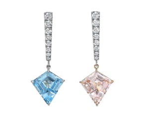 Pretty Sea Blue Aquamarine, Pink Tourmaline & Lab-Created Diamonds Drop Earrings - Picture 1 of 4