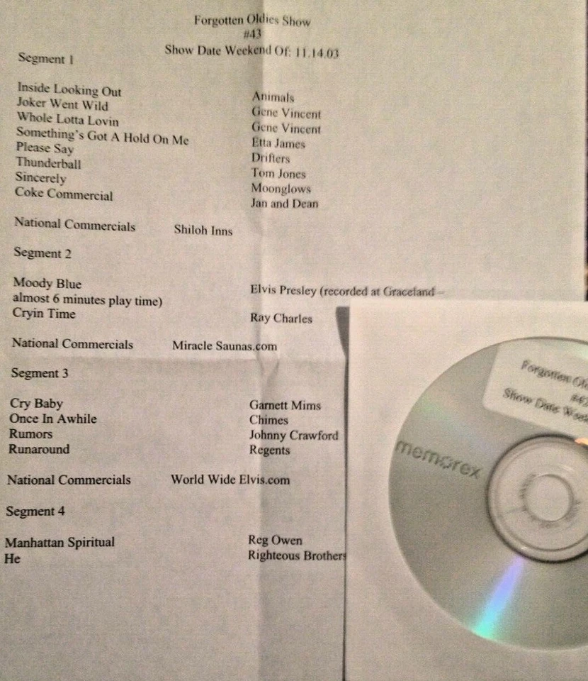 RADIO SHOW: FORGOTTEN OLDIES 11/14/03 GENE VINCENT, ETTA JAMES, ELVIS PRESLEY - Image 1 of 1