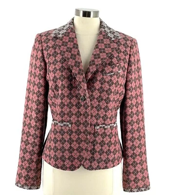 Bill Blass Vintage Y2K Diamond Plaid Cotton Wool Blend Pink Brown Blazer US8 - Image 1 of 4