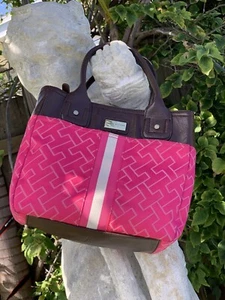 Tommy Hilfiger Hot pink w/ Brown Leather Signature Bag Purse Tote Satchel - Picture 1 of 24