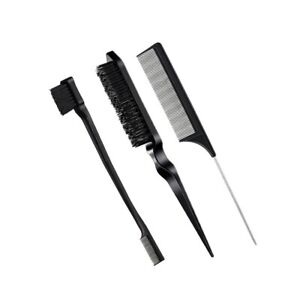 3 Pcs Slick Back Hair Brush Set, Bristle Hair Brush Edge Teasing Comb (Black)