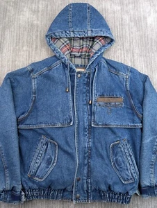 VTG Wrangler Denim Hooded Jacket Work Plaid Lined Chore Men's Large 90s - Picture 1 of 23