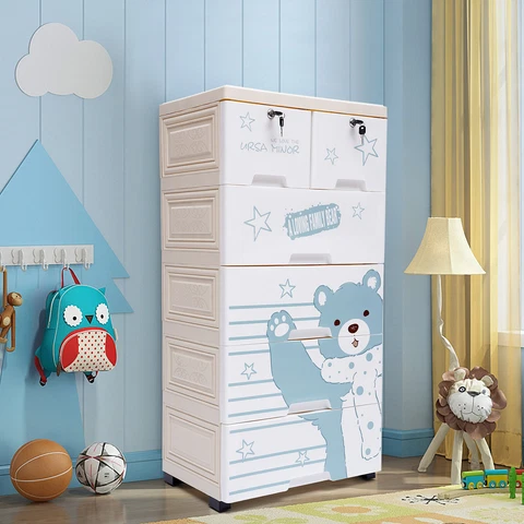 Rolling Free Standing Plastic Dresser 5 Layers & 6 Drawers W/Anti-Slip Footbeds Cover