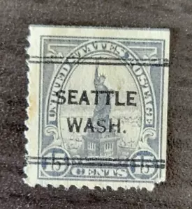 1931' US 15c Statue of Liberty Stamp Scott 696 Grey Seattle WA Pre-Cancel Used - Picture 1 of 2