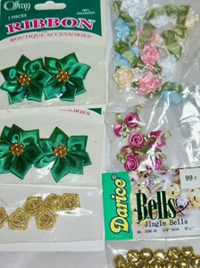 Lot of Miscellaneous Crafting FABRIC FLOWERS Offray Ribbon BELLS Some NIP - Picture 1 of 2
