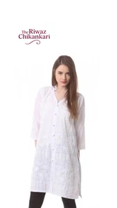 White Cotton Kurti for Women | Button-Down Hand Embroidered Tunic - Picture 1 of 7