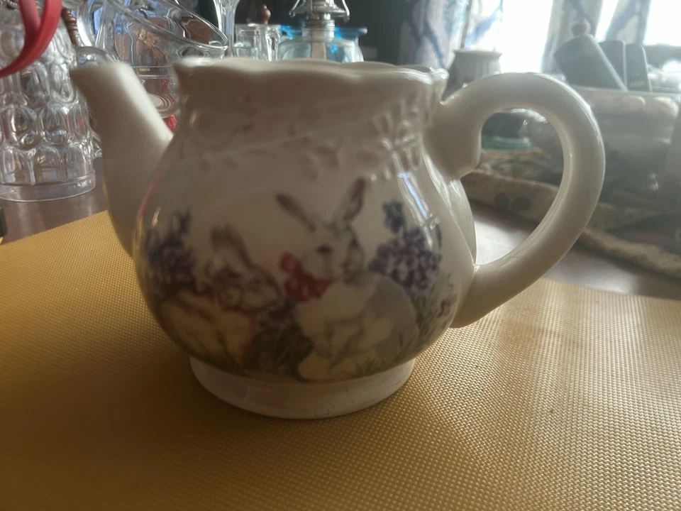 Cracker Barrel Easter Treasures Ceramic Teapot Bunny Rabbit Lilacs Floral - Image 1 of 1