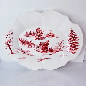 Sur La Table Christmas Serving Platter SANTA CLAUSE RENDEER SLEIGH White Red - Picture 1 of 6
