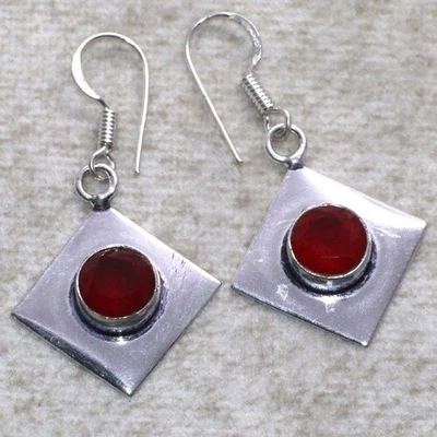 925 Silver Plated Red Onyx Earrings Handmade Gemstone Jewelry Size 1.5" GW - Image 1 of 3