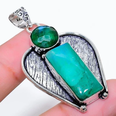 Emerald(Simulated) Gemstone 925 Sterling Silver Jewelry Pendant 2.05" U746 - Image 1 of 3