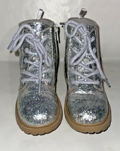 TG Combat Boots Little Girls Size 10 Silver Glitter - Picture 1 of 9