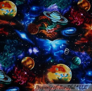 BonEful Fabric FQ Cotton Quilt Planet Space STAR Wars Galaxy Earth Sky Blue Red - Picture 1 of 11