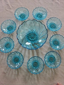 Vintage Hazel Atlas Capri Muschel Swirl 10tlg Salat - Beeren Schüssel Set Azurblau - Bild 1 von 6