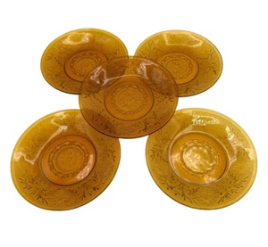 Tiara Indiana Glass Amber Sandwich Saucer Plates Flower Pattern - Set Of 5 - Picture 1 of 11