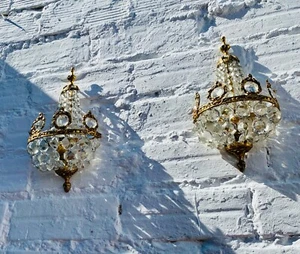 Pair Antique Wall Sconces French Crystal Chandelier Gold Bronze Rococo, Baroque - Picture 1 of 13