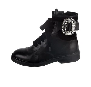 Auth Roger Vivier Crystal Buckle Side Zip Combat Moto Ankle Boots 37.5 7.5 - Picture 1 of 5