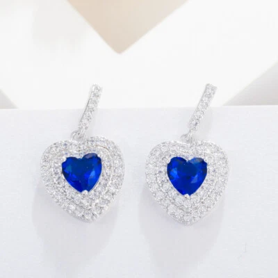 Silver Plated Blue CZ Crystal Leaf Long Dangle Drop Earrings for Women Brides - Image 1 of 4