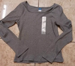 NWT Girls Old Navy Long Sleeve Pointelle Knit Top Size L (10-12) Gray Stripe  K4 - Picture 1 of 4