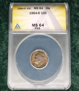 1964 D ANACS MS 64 FSB Roosevelt Silver Dime, Full Split Bands, End of Roll Tone - Picture 1 of 6