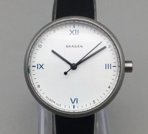 Skagen Signatur Watch Women 30mm White Dial Black Leather Strap New Battery - Picture 1 of 15