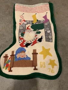 Vtg Needlepoint Christmas Stocking 1976 Santa Chimney Velvet Back So Beautiful - Picture 1 of 9