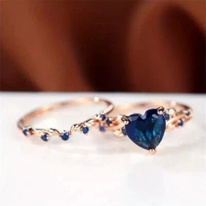 2 Ct Heart Cut Simulated Sapphire Wedding Bridal Ring Set 14K Rose Gold Plated - Picture 1 of 4
