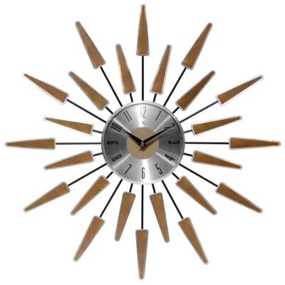 Wall Clock Satellite Walnut Look Quartz Movement Glass Cover Black Metal Hands - Image 1 of 4