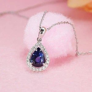 1.50Ct Pear Cut Blue Sapphire Halo Pendant 14K White Gold Finish 18" Free Chain - Picture 1 of 6
