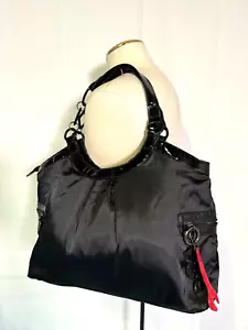 Borsa a mano Le Sportsac nera nylon verniciato pelle grande borsa tote borsetta ciondoli cerniera - Foto 1 di 18