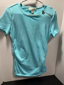 Michael Kors Medium Shoulder Zip Blue Green Cinched Short Sleeve Shirt - Picture 1 of 4