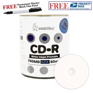 100 discos imprimibles por inyección de tinta blanca Smartbuy 52X CD-R 700 MB + marcador permanente negro - Imagen 1 de 4