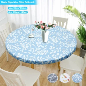 Round Fitted Vinyl Tablecloth Elastic Edged Waterproof Table Cover Protector Det - Picture 1 of 15