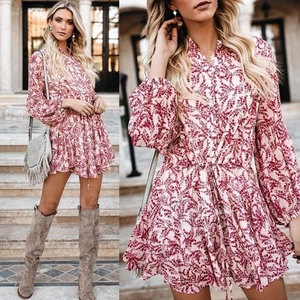 VICI Grapevine Langarmkleid mit halben Knöpfen Ballonärmel rot creme Größe S - Bild 1 von 5