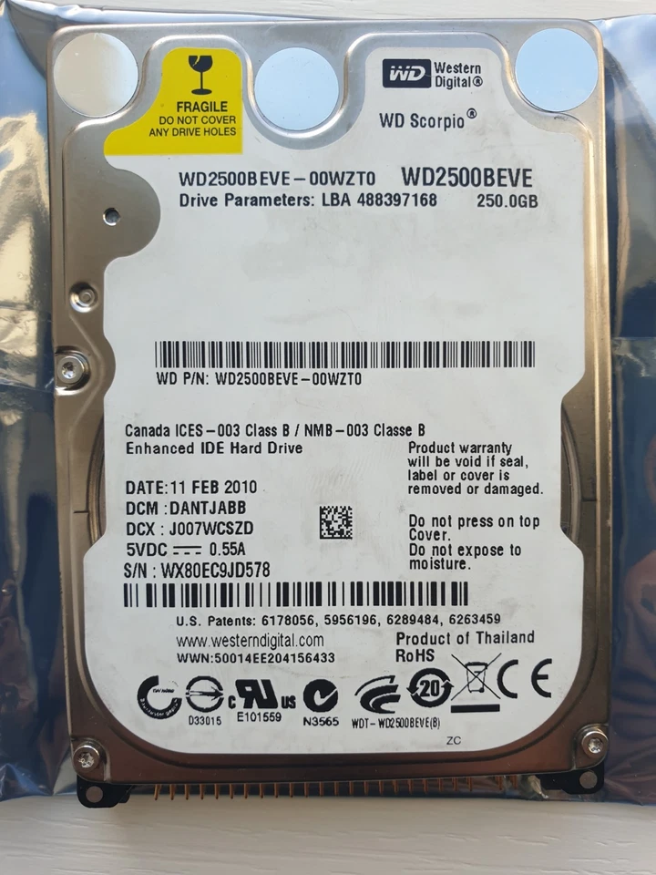 Western Digital 250GB WD2500BEVE-00WZT0 2.5" IDE HARD DRIVE WD - DCM: DANTJABB - Image 1 of 1