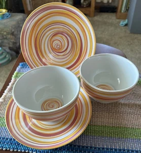 The Monkey And The Peddler DIZZY ORANGE Striped Liz Ross 2-Bowls, 2-Luncheon Pla - Picture 1 of 7
