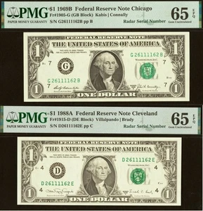 2 Matching Radar Serial Numbers - 1969B & 1988A $1 FRN PMG 65EPQ 26111162 - Picture 1 of 5