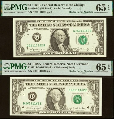 2 Matching Radar Serial Numbers - 1969B & 1988A $1 FRN PMG 65EPQ 26111162 - Image 1 of 4