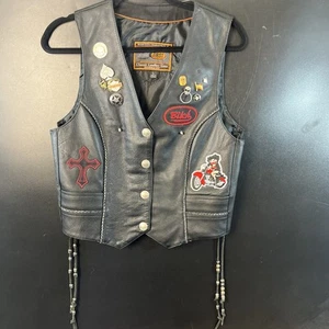 Leather Biker Vest Harley Davidson Skull Patch USA Buffalo Snap Betty Boop Moto - Picture 1 of 18