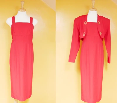 Vintage Red Cross Back Midi Dress and Bolero Jacket Set Sz 8 Joseph Ribkoff Foto 1 de 4