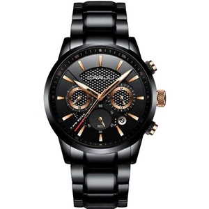 Men’s Waterproof Chronograph Quartz Watch with Black Leather Strap & Luxury Box - Picture 1 of 1