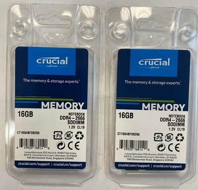 Sellado/Nuevo Kit Crucial 32GB (16GBx2) DDR4-2666 SODIMM CT2K16G4SFD8266 Foto 1 de 4