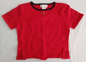 Hartstrings Pullover Top Round Neck Short Sleeve Embroid Rose Red 5/6 #15488 - Picture 1 of 4